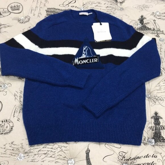 MONCLER Logo Stripe Panel Knit Sweater In Blue - Picture 4 of 10